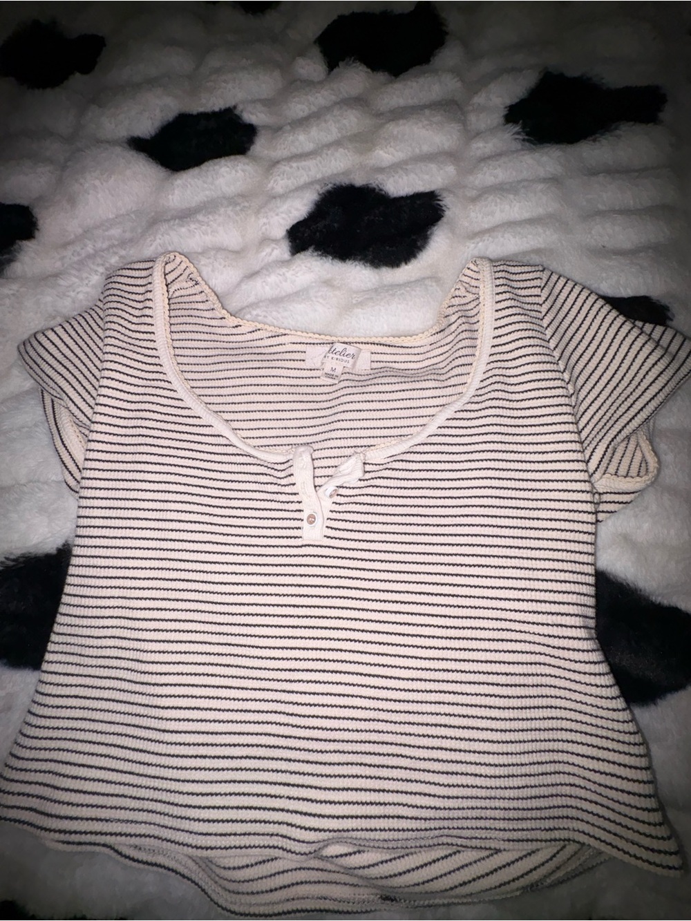 Striped Short Sleeve Henley Top in Cream and Black